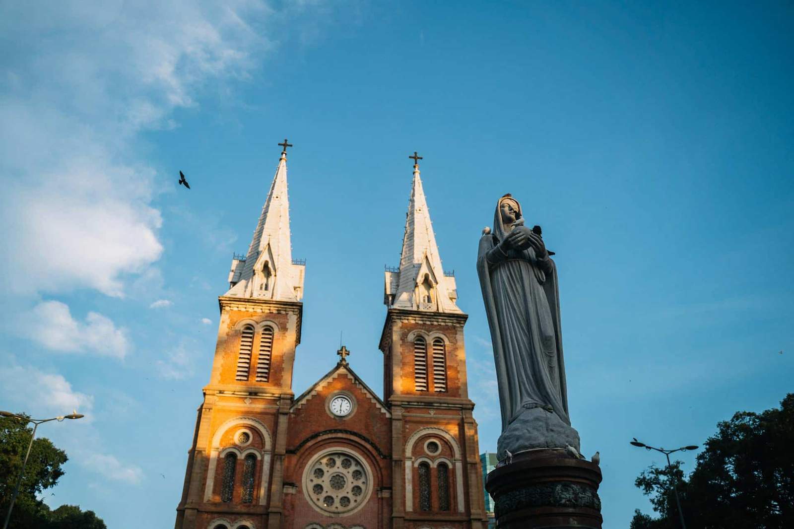 Church and statue in a travel destination.