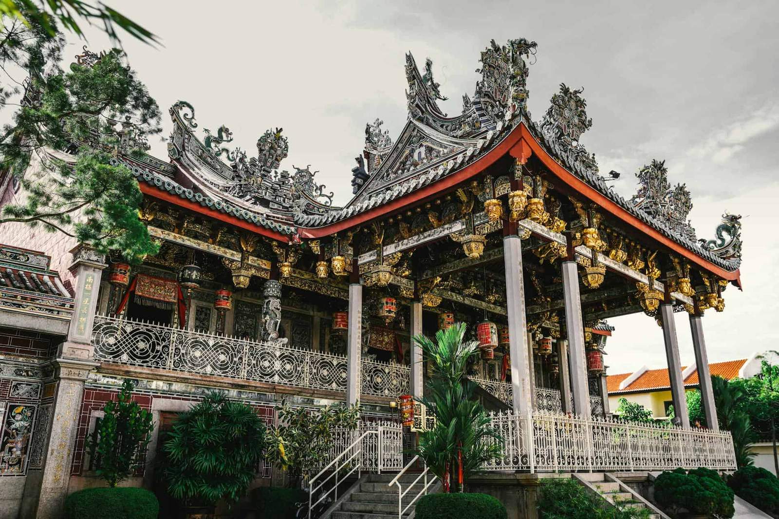 Traditional Thai temple with ornate architecture and intricate carvings, showcasing cultural heritag.