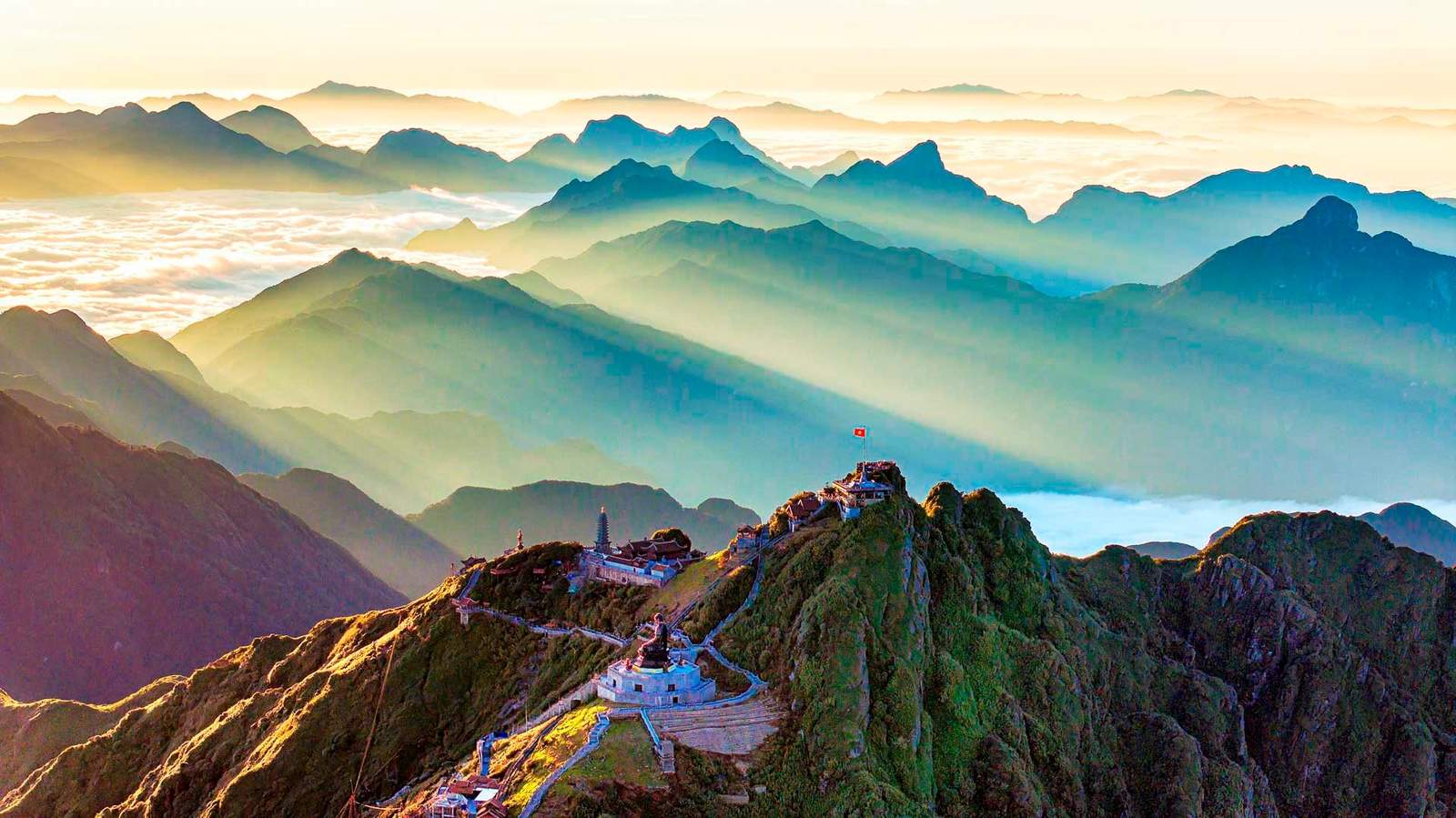 Panoramic view of Fansipan Peak above the clouds in Sapa, Vietnam