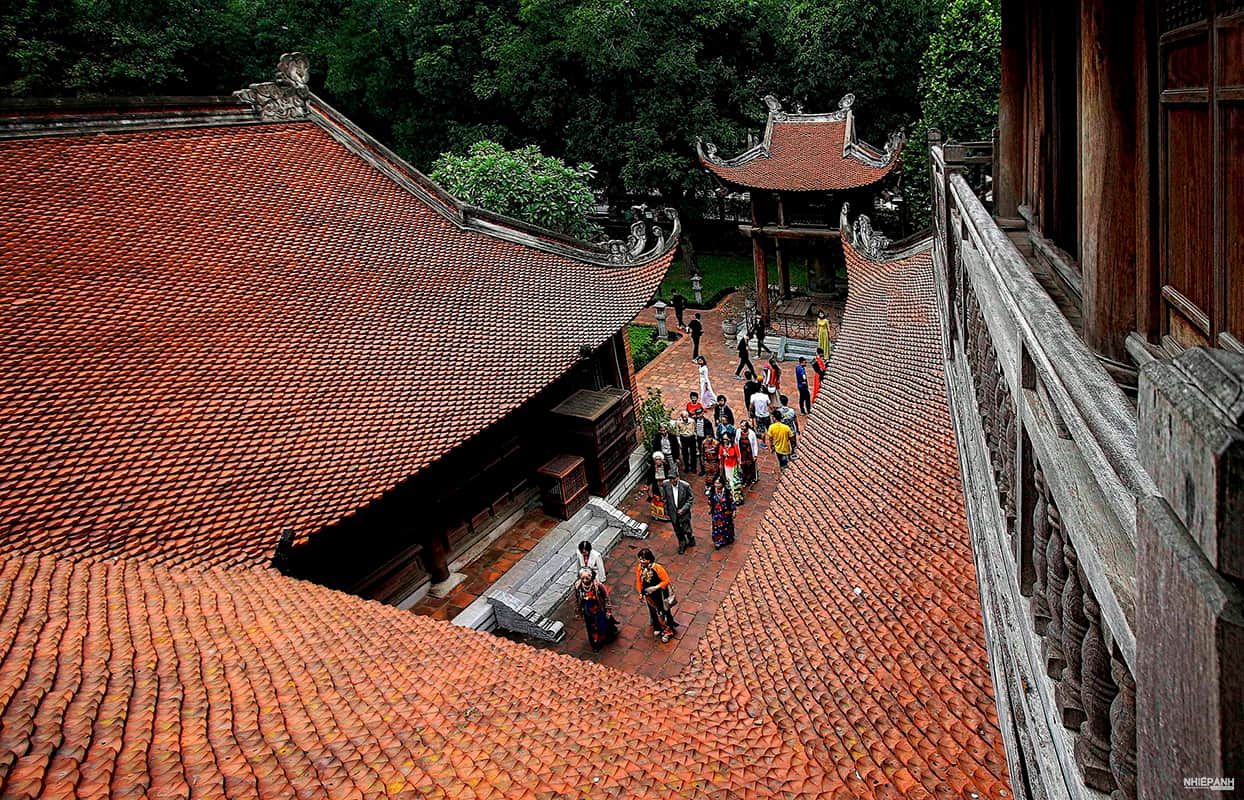 Aerial view of the Temple of Literature in Hanoi, Vietnam, showcasing traditional architecture and historic courtyards